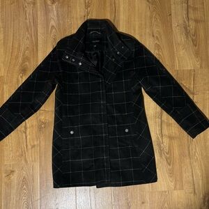 LUCKY BRAND Zip Front Check Wool Blend Coat-Black/Gray-SZ MED